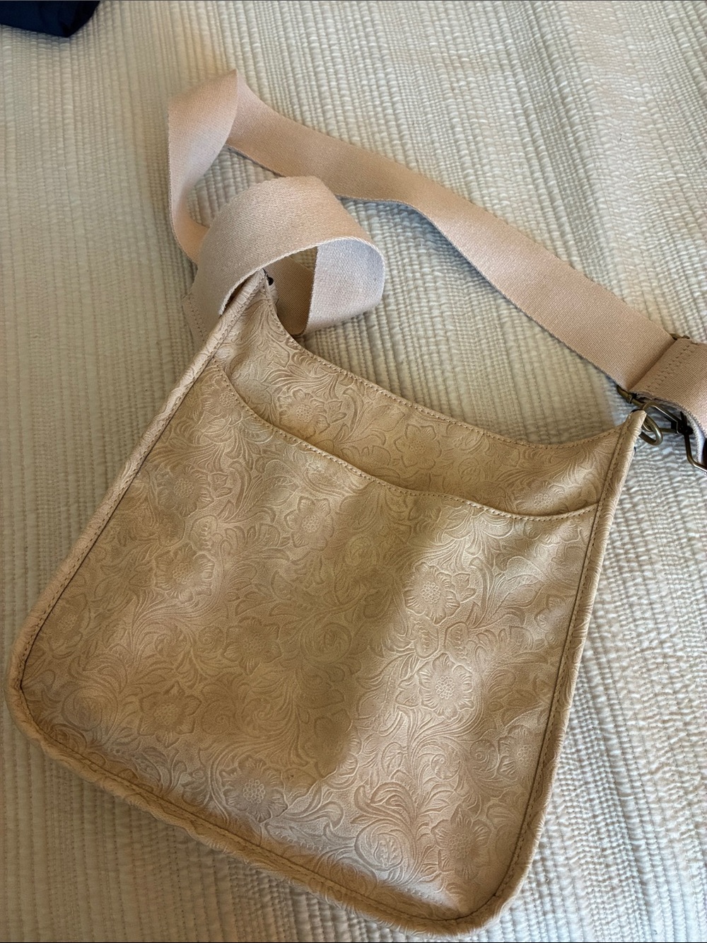 Wonderly Beige Floral-Embossed Crossbody Bag